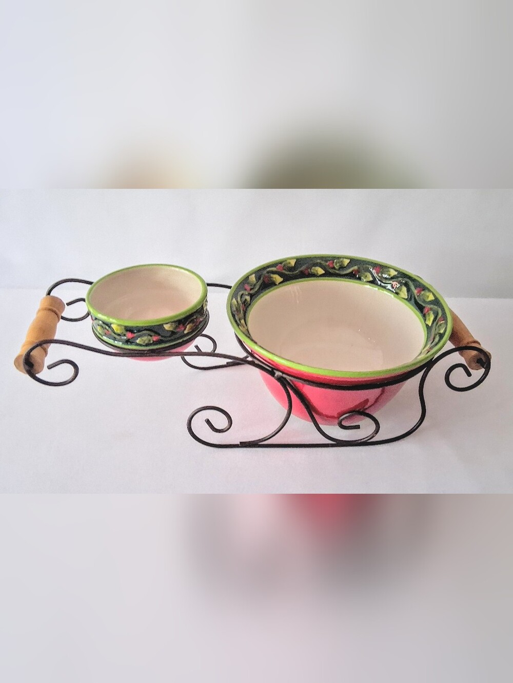 Iron & Wood Sleigh w/ Bowls - Holiday Serveware - Hand Painted